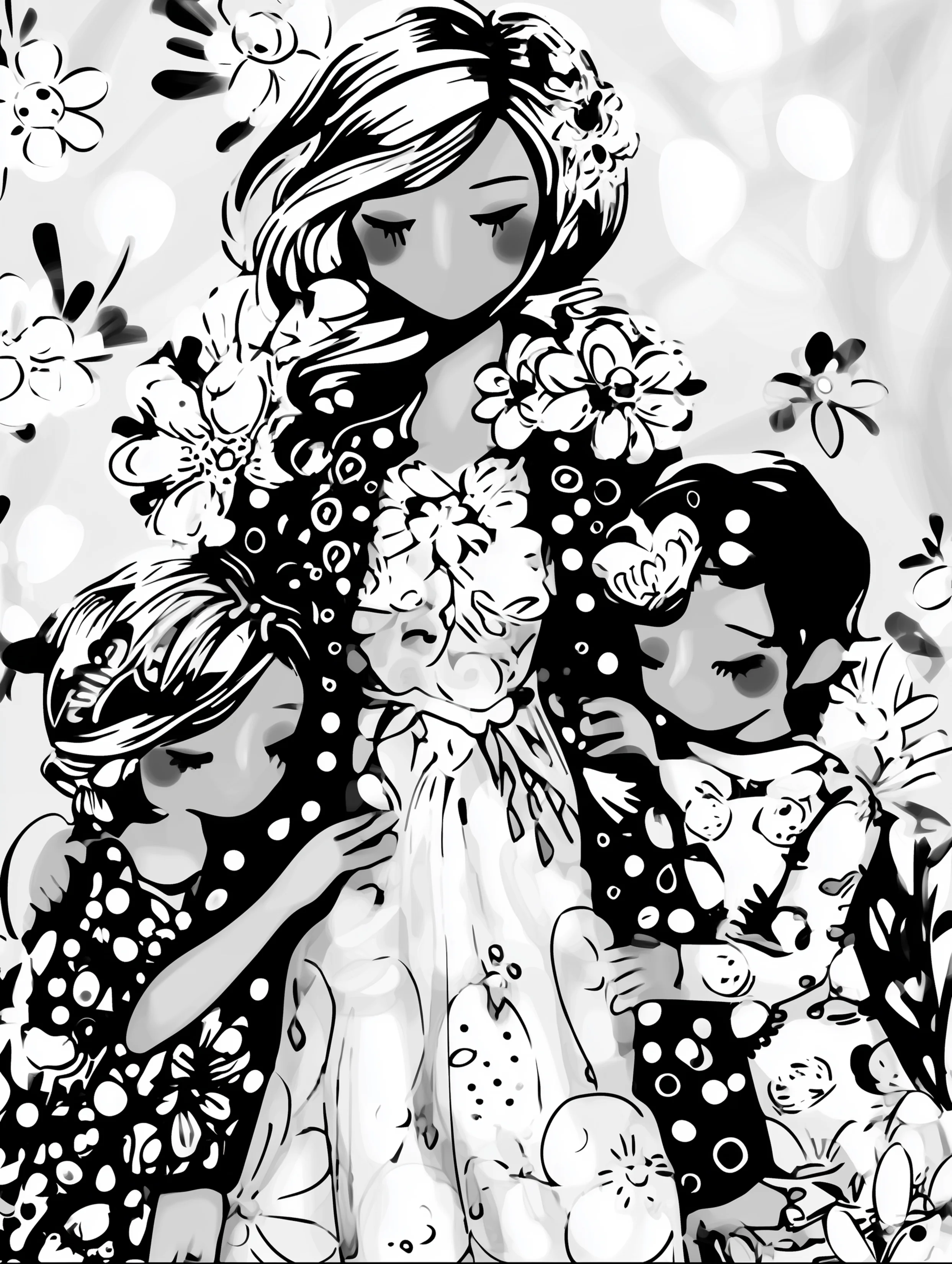 Free printable coloring page for your mom featuring a mom with kids in a glamour scene